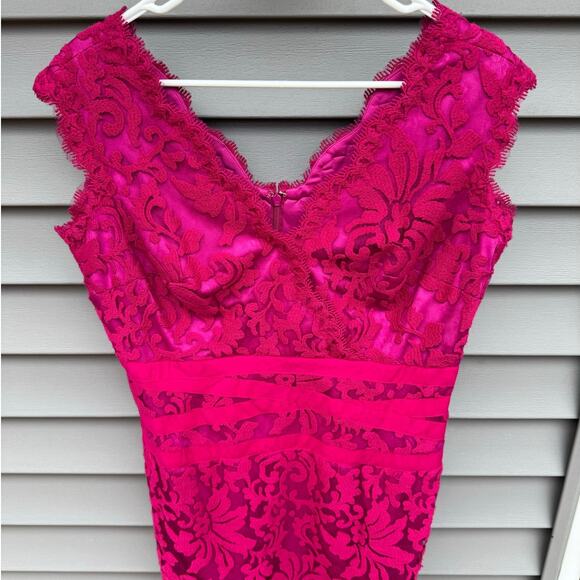 Tadashi Shoji size 14 Pink Embroidered Lace Overlay Knee Length Sheath Dress - Picture 3 of 14